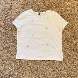 Off White T-Shirt with Peach Embroidered Flowers